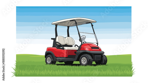 Vibrant red golf cart with a white roof and seats, parked on a lush green golf course under a bright blue sky, ready for a game.