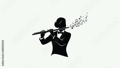 Elegant silhouette of a woman skillfully playing a flute, with musical notes gracefully flowing from the instrument, symbolizing harmony and art.
