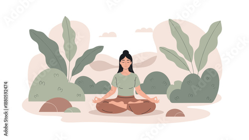 Peaceful woman meditating in a lotus pose outdoors amidst lush green plants and soft clouds, symbolizing tranquility and mindfulness.