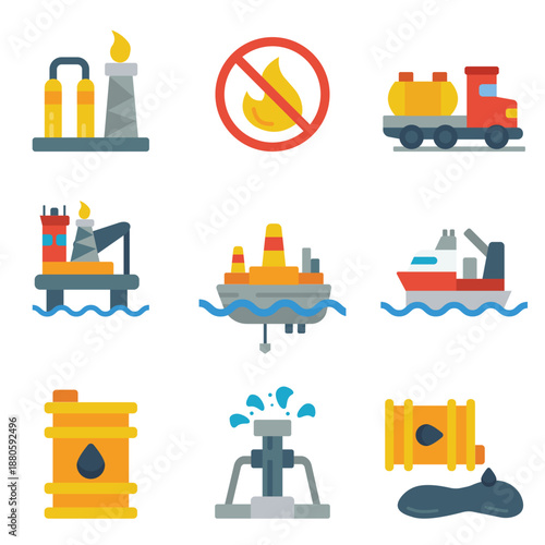 Oil and Gas Industry Icons Set Featuring Offshore Rigs, Transport, Safety, Energy