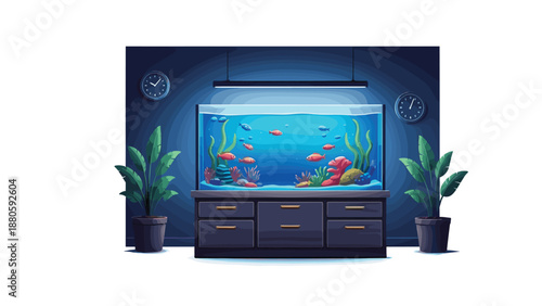 Impressive, brightly lit aquarium filled with colorful fish and lush aquatic plants, elegantly displayed in a modern room with houseplants and clocks.