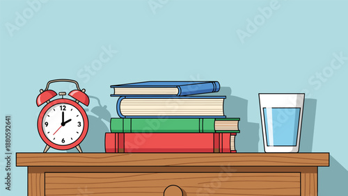 Cozy nightstand setup featuring a red alarm clock, a stack of colorful books, and a refreshing glass of water on a wooden surface.
