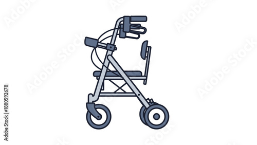 Minimalist illustration of a rollator walking aid with wheels and a seat, designed to provide support and mobility for individuals.