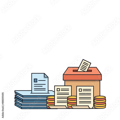 Stack of Documents and Coins Beside a Ballot Box Symbolizing Election and Financial Transactions