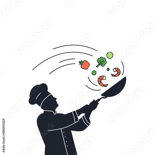 Silhouette chef tossing ingredients in a wok, creating a dynamic culinary scene