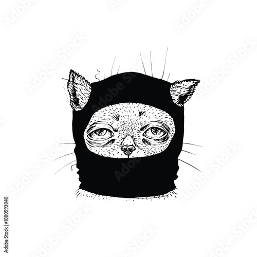 Grumpy cat wearing a black balaclava mask hand drawn illustration