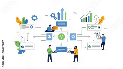 Business workflow optimization concept with team collaboration and data analysis