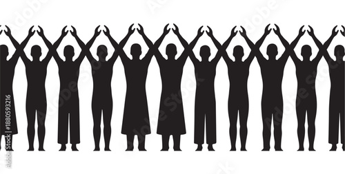 Group of diverse people holding hands up in unity and celebration