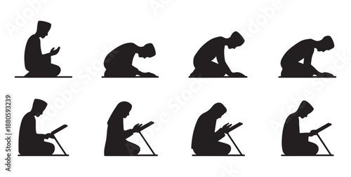 Man and woman praying in sequence performing Islamic prayer salah