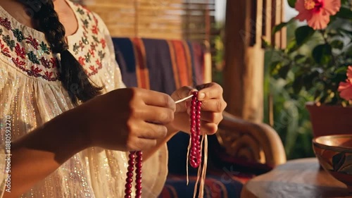 Girl weaving beads on a sunlit porch with hibiscus flowers and colorful bowls