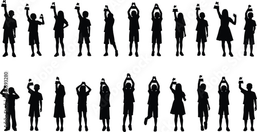 Children silhouettes holding trophies celebrating school competition victory happy kids award ceremony black vector illustration set isolated