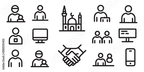 Collection of people user icons with computer devices and handshake agreement