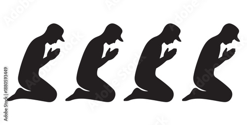 Four kneeling male figures silhouette in posture of devotion and reverence