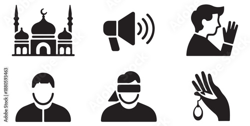 Islamic religion concept icons with mosque megaphone praying man and tasbih beads silhouette