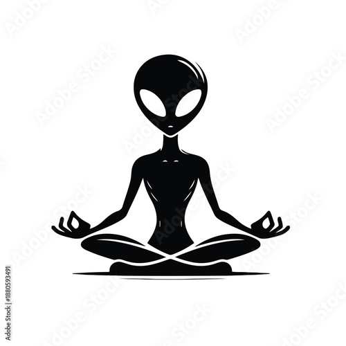 Zen alien silhouette meditating in lotus yoga pose