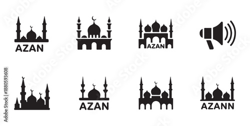 Azan call to prayer icons and mosque symbols with speaker