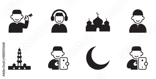 Islamic religion icon set muslim man holding key crescent mosque building minaret simple glyph solid