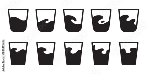 Water glass full and empty level set with fluid wave splash black white simple glyph solid icon