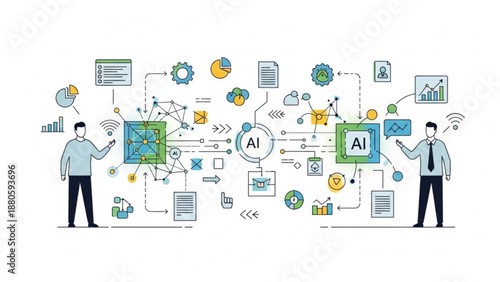 Two businessmen discuss artificial intelligence concepts with various icons and symbols