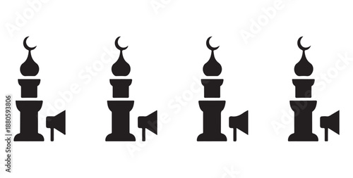 Islamic prayer call minaret tower with crescent moon and megaphone symbols set for ramadan