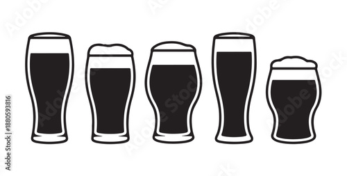Set of various beer glasses with foam and dark liquid silhouettes isolated on white background