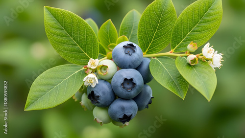 Close up of fresh blue blueberries ripening on branch with green leaves and white flowers in organic garden