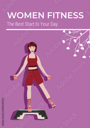 Women fitness poster with female character training on step platform. Modern flat illustration for gym ads, workout programs and healthy lifestyle promotion.