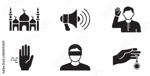 Religious and social communication icons set featuring mosque speaker person and hand signs