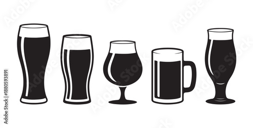 Assorted beer mug and glass silhouettes with foam heads for brewery and pub menu decoration