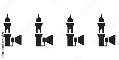 Minaret tower silhouettes with speakers for religious announcement and call to prayer icons