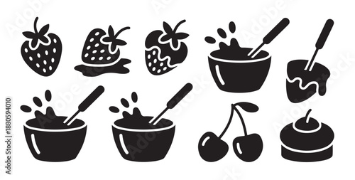 Strawberries cherries and mixing bowls with spoons abstract food preparation