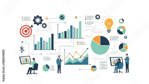 Business professionals analyze data with graphs charts and infographics on screens and boards in office setting