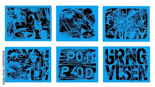 A set of six abstract graphic designs with distressed textures in blue and black colors