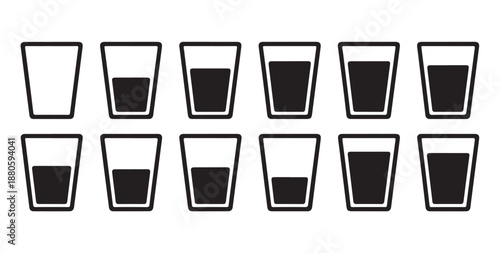 Set of glasses with different levels of water for measuring and hydration