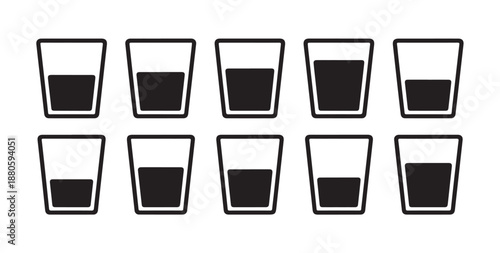 Water levels in glasses icon set, hydration concept, various liquid amounts, infographic