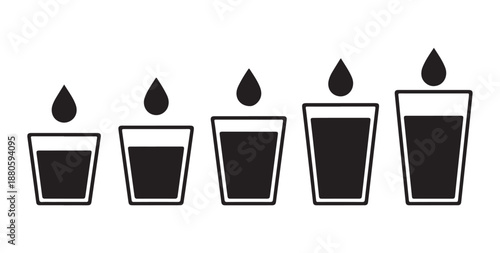 Water level increasing progression icons set measuring amount liquid drop falling into drinking glasses.