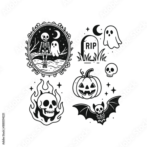 Halloween spooky sticker set with skeleton, ghost, jack o lantern pumpkin and bat