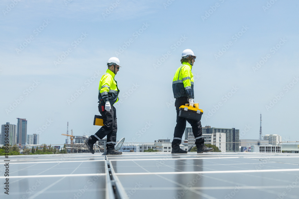Fototapeta premium Technicians maintaining rooftop solar panel system