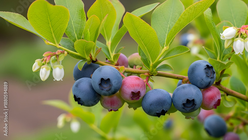 Blueberries ripening on branch with green leaves and white flowers in summer garden