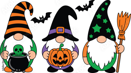 Three Halloween Wizard Gnomes Vector Illustration with Pumpkin, Potion, and Broom