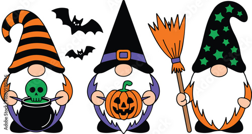 Three Halloween Wizard Gnomes Vector Illustration with Pumpkin, Potion, and Broom