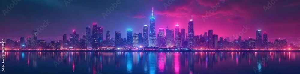 Naklejka premium A hologram mockup of a futuristic city skyline displayed in vibrant colors, suitable for technology and urban concept designs , future, virtual reality