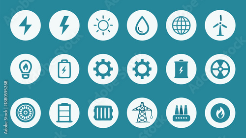 Set of industrial energy vector icons featuring minimalist white symbols in circular frames on a teal background