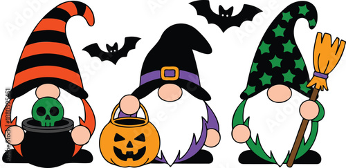 Three Halloween Wizard Gnomes Vector Illustration with Pumpkin, Potion, and Broom