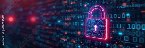 A futuristic cybersecurity concept with binary code and digital padlock, representing data protection and internet security , data, privacy