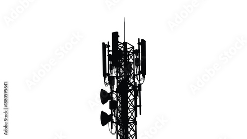 Bold black silhouette of a modern telecommunications tower, equipped with multiple antennas, symbolizing global connectivity and wireless technology.