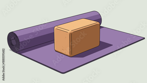 Essential yoga equipment featuring a purple rolled yoga mat and a sturdy brown yoga block, ready for a mindful practice.