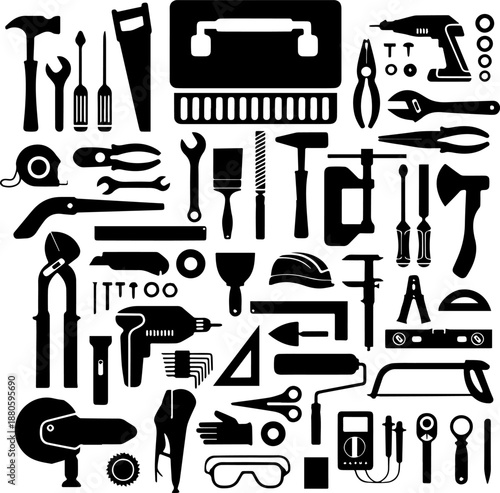 Collection of black silhouette tools and hardware equipment icons