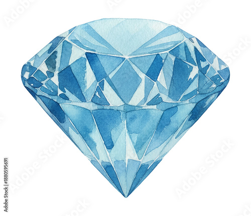 Blue sparkling diamond gem illustration with elegant watercolor style on white background