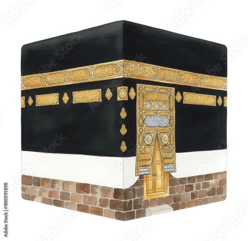 Sacred Kaaba Illustration Mecca Islamic Holy Site with Golden Calligraphy and Black Cloth Design